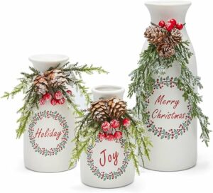 Artificial Christmas Vase 3-Piece Set Flocked with Mixed Xmas Decorations Ceramic White Bottles (White)