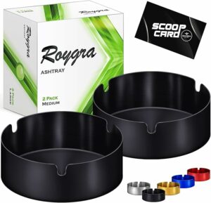 roygra Ashtray 2 Pack, Stainless Steel Ash Tray for Indoor or Outdoor Use, Unbreakable Tabletop Ash Holder for Home Outside Office Patio Balcony - Black, Medium
