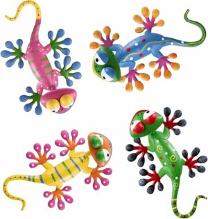 hogardeck Metal Gecko Outdoor Wall Decor, 4 Pack Lizard Art Garden Sculptures & Statues with Shaking Head Spring Decor for Front Yard Fence Patio