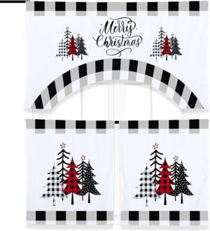 Ganeen 3 Piece Christmas Kitchen Curtain Set Kitchen Window Tier Curtains and Valance Buffalo Plaid Curtains Black and White Kitchen Curtain Polyester Farmhouse Kitchen Curtains Christmas Decoration