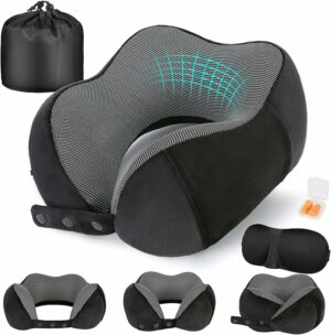 Neck Pillow for Traveling, Travel Pillows for Airplanes,100% Pure Memory Foam Travel Neck Pillow, Adjustable Flight Pillow, Portable Plane Accessories with Eye Mask, Earplugs, Carry Bag