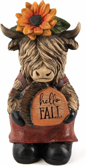 Highland Cow Statue for Thanksgiving Decor,Highland Cow Decor for Fall Harvest Autumn Indoor Home Table Decorations,Highland Cow Figurine with Sunflower on Head and Holding Acorn Pinecone