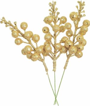 Artiflr 14 Pack Christmas Glitter Berries Stems, 7.8Inch Artificial Christmas Picks for Christmas Tree Ornaments, DIY Xmas Wreath, Crafts, Holiday and Home Decor, Gold