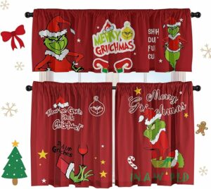 Christmas Kitchen Curtain Valances Winter Holiday Festive Small Window Decoration, Red and Green Farmhouse Xmas Design, 52x18inchx1, 26x36inchx2, 3 Panel, Rod Pocket