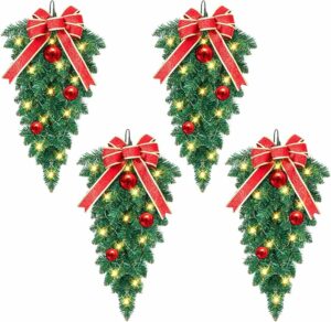 Christmas Stair Swags Teardrop Swag Wreath Stair Swag Garlands Christmas Swag Wreaths for Front Door Holiday Wall Window Hanging Ornaments Indoor Outdoor Home Decor 4 Set