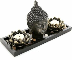 MyGift Black Buddha Head Sculpture Zen Garden Set w/Lotus Tealight Candle Holders & Wooden Display Tray