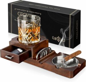 Cigar Ashtrays, Whiskey Glass Tray and Wooden Ash Tray Detachable Outdoor Ashtray for Cigarettes, Cigar Accessories Gift Set with Cigar Cutter, Great Decor for Home Office Cigar Gifts for Men