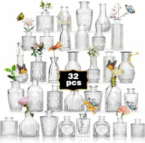 Glass Bud Vase Set of 32PCS Wedding Centerpieces for Tables,Mini Clear Bud Vases for Flowers,Small Flower Vases Suitable for Birthday Party,Anniversary,Wedding,Baby Shower (Clear, 32PCS)