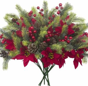 Grunyia 8PCS Artificial Flowers Bouquet Christmas Floral Pine Cones Red Fake Berry Picks Stems Holly Holiday Floral Picks for Xmas Tree Party Decoration DIY Indoor Table Centerpieces