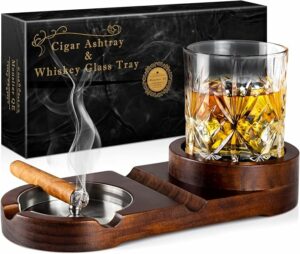 Monsiter QE Cigar Ashtrays, Whiskey Glass Tray and Cigar Holder for Indoor Outdoor, Wooden Ash Tray Detachable Ashtray for Cigarettes, Cigar Accessories Decor for Home Office Cigar Gifts for Men