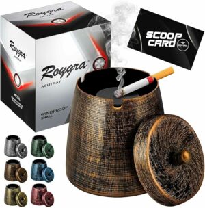 roygra Ashtray with Lid, Windproof Smokeless Odorless Metal Tabletop Ash Tray for Outdoor Indoor Home Office Patio Balcony Decoration – Bronze, Small (3.81 x 3.08 x 3.08’’)