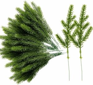 Alpurple 60 Packs Artificial Pine Needles Branches Garland-6.7x2.0 Inch Green Plants Pine Needles,Fake Greenery Pine Picks for DIY Garland Wreath Christmas Embellishing and Home Garden Decoration