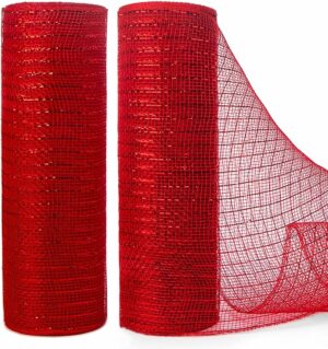 Ribbli 2 Rolls Red Mesh Ribbon,10 inch x 30 feet(10Yard) Each Roll,Metallic Red with Red Foil,Christmas Ribbon for Wreath Swags and Decorating