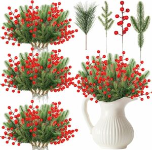 400 Pcs Artificial Pine Needles Branches and Artificial Red Berry Stems Fake Greenery Pine Picks Christmas Red Berry Picks Holly Berries Branches Christmas Fake Tree Branches for DIY Garland Wreath
