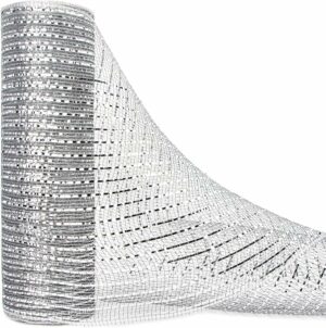 Ribbli Lt. Silver Metallic Mesh Ribbon,10 inch x 30 feet(10Yard), Silver with Silver Foil, Christmas Ribbon for Wreath Swags and Christmas Tree Decoration