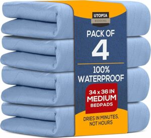 Utopia Bedding Waterproof Incontinence Bed Pads 34 x 36 Inches (Pack of 4, Blue), Washable and Reusable Underpads for Adults, Elderly and Pets, Absorbent Protective Pads