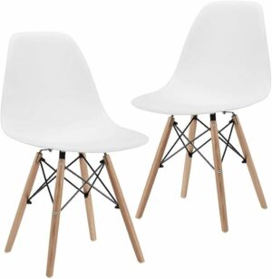 CangLong Modern Mid-Century Dining Chair Shell Lounge Plastic Chair with Natural Wooden Legs for Kitchen, Dining, Bedroom, Living Room Side Chairs Set of 2, White