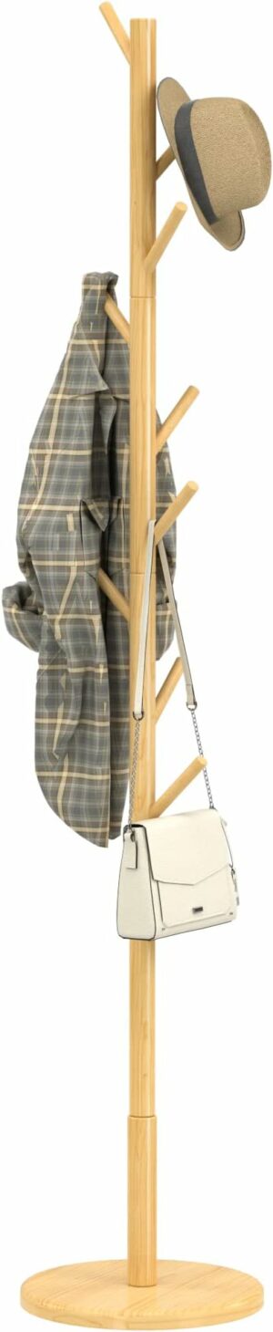 Wooden Coat Rack Freestanding Coat Tree with 4 Height Options and 9 Hooks, Sturdy Coat Rack Stand for Clothes/Bags/Hats, Easy Assemble Save Space for Entryway,Bedroom,Office,Narrow Place-Natural