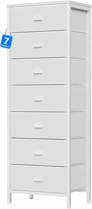 Furnulem White Tall Dresser for Bedroom with 7 Drawers, Vertical Chest of Drawers in Closet, End Table, Nightstand Storage Tower Unit Organizer with Fabric Bins for Dorm,Living Room,Entryway,Hallyway