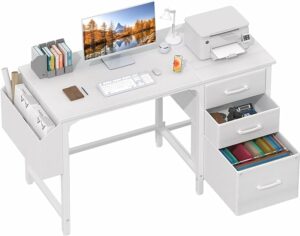 Lufeiya White Computer Desk with Fabric File Drawers Cabinet, 47 Inch Home Office Desks with Filing Cabinet for Small Space, Modern Writing Table PC Desks, White