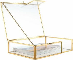 Feyarl Gold Glass Keepsake Photo Picture Box Cards Jewelry Trinket Display Case Shadow Decorative Memory Box for Wedding Home Deco Girl Women(7.3 x 5.3 x 1.8inch)