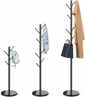 Heavy Duty Coat Rack with Natural Marble Base, Freestanding Metal Coat Stand with 8 Hooks, Modern Stable Coat Hanger Tree for Bags, Jacket, Clothes, and Hats, Black Metal