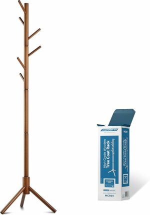 Wooden Tree Coat Rack Stand, 6 Hooks - 3 Adjustable Sizes Free Standing Coat Rack, Hallway/Entryway Coat Hanger Stand for Clothes, Suits, Accessories