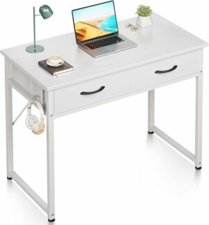 ODK Small Desk with Fabric Drawers- for Bedroom, White Vanity Desk with Storage, Home Office Computer Desk for Small Spaces, 32 Inch Modern Work Writing Study Table, White