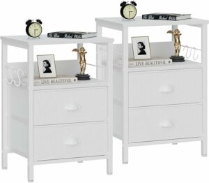 Furologee Nightstands Set 2, End Table with 2 Fabric Drawers, Bedside Table with 2 Hooks, Open Wood Shelf Side Sofa Table for Bedroom/Living Room/Hallway/White