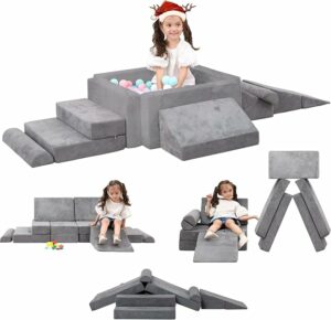 Kids Play Couch- Modular Playset Foam Climbing Blocks for Toddlers Children with Square Ball Pit,Convertible Foam Couch Sofa Indoor Furniture for Playroom, Bedroom(Gray)