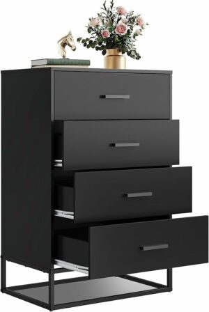 WLIVE Wood Dresser for Bedroom with 4 Drawers, Chest of Drawers, Tall Dresser Drawers with Sturdy Metal Frame for Hallway, Living Room, Closet, Black