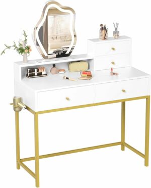 GreenForest White Vanity Desk with LED Lighted Mirror, 31 inch Makeup Vanity with 2 Drawers and Storage Shelves, Small Dressing Table for Women Girl Bedroom, Gold