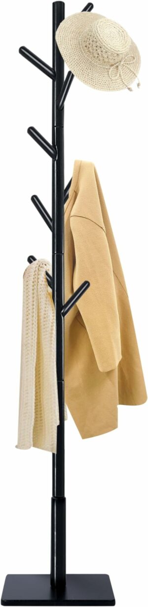 Yawinhe Coat Rack, Sturdy Wooden Coat Tree with 8 Hooks, 3 Adjustable Height for Bedroom, Hallway, Entrance, Office, 11.8 x 70.8 inches, Black, 1-Pack, Square Base