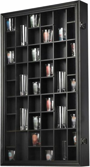 Shot Glass Display Case - 46 Shot Glass Holder - Shot Glass Shelf Wall Mount Wooden Lockable with Removable Shelves for Collection Shot Glass UV Protection Acrylic Glass Door, Black