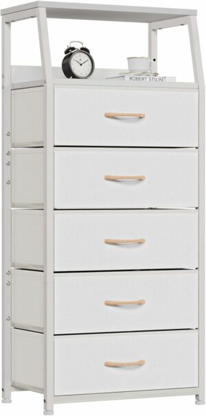 Furnulem White Dresser with 5 Drawers, Vertical Storage Tower Fabric Dresser for Bedroom, Hallway, Entryway, Nursery, Closet Organizer, Nightstand Bedside Table Furniture, Sturdy Steel Frame, Wood Top