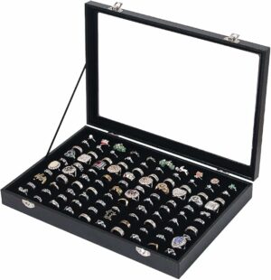 Ring Holder Organizer Box,Jewelry Ring Display Case, Earring Necklace Storage Tray With Top Glass Lid (Black, 100 Slots Ring)