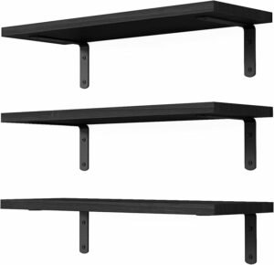 Wall Mounted Shelves, 3 Sets Floating Wood Shelves for Bathroom, Bedroom, Living Room Storage - Black