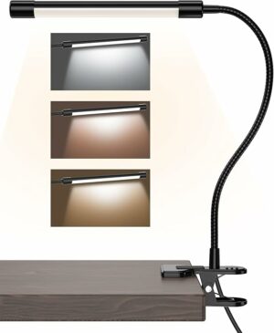 JHD LED Desk Lamp with Clamp - Adjustable 3 Color Modes 10 Brightness Level Table Lamp, USB Eye Caring Flexible Gooseneck Desk Light for Home Office, Dorm Room, Reading, Nail, Clip On Light, Black