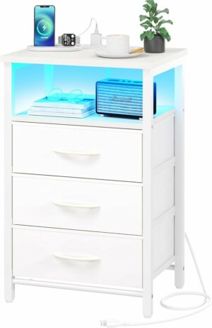 Yoobure Night Stand with Charging Station, 16 Colors LED Nightstand with USB Ports and Outlets, End Table with 3 Fabric Drawers and Storage Shelf, Bedside Tables Small Dresser for Small Space White