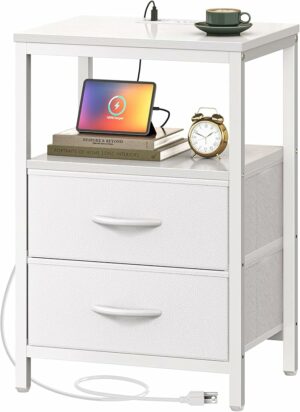 Huuger Nightstand with Charging Station, Side Table with Fabric Drawers, End Table with Open Shelf, Bedside Table with USB Ports and Outlets, Night Stand for Bedroom, White