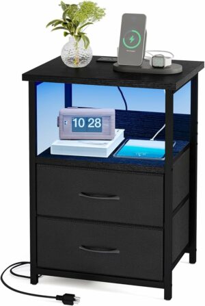 Fixwal Night Stand with Charging Station, LED Nightstand with U-S-B Ports and Outlets, 2 Fabric Storage Drawers with PU Finish, Bedside Table, Black