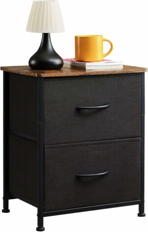 Somdot Nightstand with 2 Drawers, Bedside Table Small Dresser with Removable Fabric Bins for Bedroom Nursery Closet Living Room - Sturdy Steel Frame, Wood Top, Pull Handle - Black