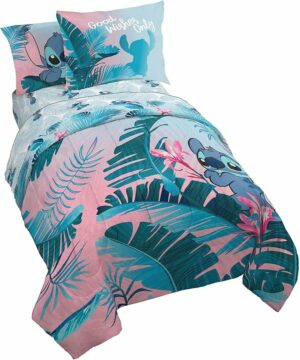 Jay Franco Disney Lilo & Stitch Floral Fun 5 Piece Twin Bed Set - Includes Reversible Comforter & Sheet Set Bedding - Super Soft Fade Resistant Microfiber
