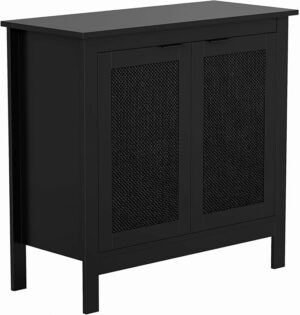 Giluta Black Sideboard Buffet Cabinet, Farmhouse Kitchen Storage Cabinets with 2 Rattan Doors, 30''H Boho Cabinet with Solid Wood Feet for Entryway, Living Room, Hallway