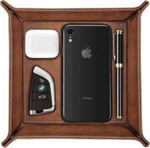 SITHON Valet Tray Desktop Storage Organizer – Premium PU Leather Catchall Tray Bedside Vanity Tray Nightstand Caddy Holder for Remote Controller, Keys, Phone, Wallet, Coin, Jewelry, Brown