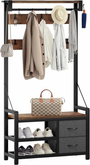 YITAHOME Coat Rack, 5 in 1 Hall Tree with Shoe Bench, 17 Movable Hooks and 2 Drawers, Freestanding Shoe Bench, and Wall Rack for Entryway