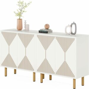 LITTLE TREE White Sideboard Buffet Cabinet, Modern Storage Cabinet with 4 Doors, Cupboard Console Table for Dining Room Living Room