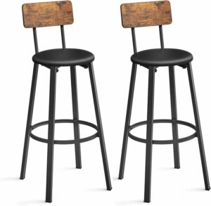 VASAGLE Bar Stools, Set of 2 PU Upholstered Breakfast Stools, 29.7 Inches Barstools with Back and Footrest, Simple Assembly, for Dining Room Kitchen Counter Bar, Rustic Brown and Black ULBC069B81