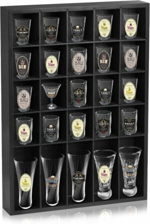 Shot Glass Display Case for Wall, Wood Holds Set of 30 Glasses Shot Glass Holder Display Shelf, 17'' x 12''-3'' x 2'' (Black, 1PCS)