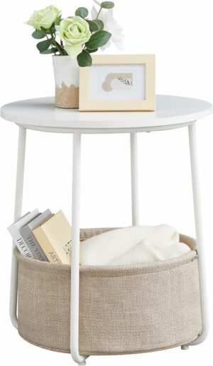 VASAGLE End Table, Small Bedside Table with Fabric Basket, Modern Nightstand, Round Side Table, for Living Room, Bedroom, Matte White and Camel Brown ULET223W10